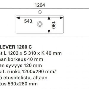 Pesuallas Otsoson Miniclever 1200 1202x310x40 allas keskellä valkoinen